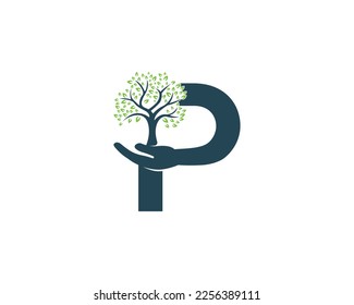 Letra P con el diseño del logotipo de la naturaleza del árbol. Alfabeto con ilustración vectorial única de árbol y mano.