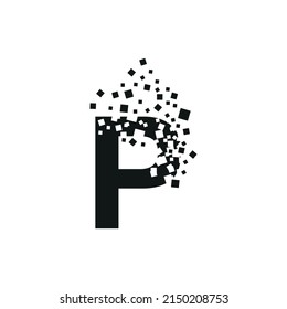 The letter P turns into a cloud of squares of different sizes.