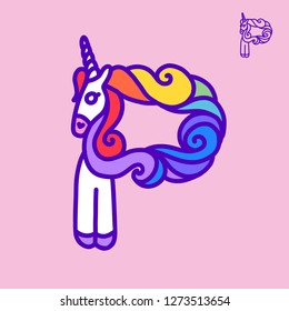 Letter "P" unicorn. Written by unicorns. Letter in the style of the unicorn. Fairytale font. Multicolored mane. Trend print on a T-shirt. Metal pin. Unicorn alphabet.