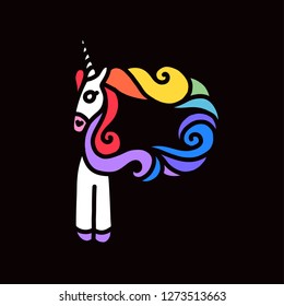 Letter "P" unicorn. Written by unicorns. Unicorn style letter. Fairytale font. Multicolored mane. Trend print on a T-shirt. Logo isolated on a black background. Metal pin. Unicorn alphabet.