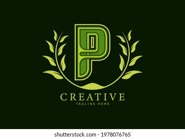 Letter P Unique Logo with leaf ornament as a frame looks more natural, modern design, suitable for templates or brands.