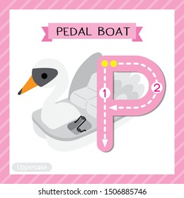 Letter P Uppercase Cute Children Colorful Transportations ABC Alphabet Tracing Flashcard Of Swan Pedal Boat For Kids Learning English Vocabulary And Handwriting Vector Illustration.