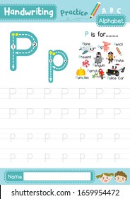 Letter P uppercase and lowercase cute children colorful ABC alphabet trace practice worksheet for kids learning English vocabulary and handwriting layout in A4 vector illustration.