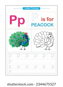 Letra P. mayúscula y minúscula. Niños guapos. Seguimiento colorido del alfabeto ABC. Practica la hoja de cálculo para niños. Aprendiendo vocabulario y escritura a mano en inglés. Traza de carta. Ilustración del vector