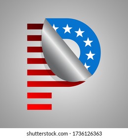 Letter P USA flag theme on white-gray gradation, 3D peeling impression.