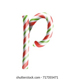 Letter P Vector. 3D Realistic Candy Cane Alphabet Symbol In Christmas Colours. New Year Letter Textured With Red, White. Typography Template. Striped Craft Isolated Object. Xmas Art Illustration
