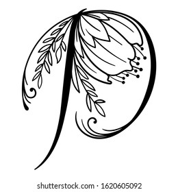 Letter P. Vector hand drawn letter with in full bloom flower. Floral letter for your designs: logo, label, stamp, print, monograms, emblems.