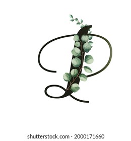 Letter P vector illustration with eucalyptus leaves. Floral alphabet. Monogram initials are perfect for wedding invitations, greeting card, logo, poster. Festive design.