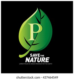 Letter P vector logo and icon save the nature. Go green poster design. Ecology campaign publication