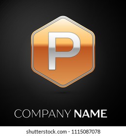 Letter P vector logo symbol in the golden hexagonal on black background. Vector template for your design