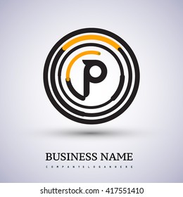Letter P vector logo symbol in the circle thin line colored black and yellow. Design for your business or company identity.