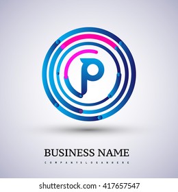 Letter P vector logo symbol in the circle thin line colored blue and red. Design for your business or company identity.