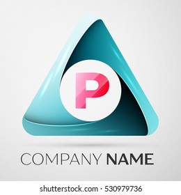 Letter P vector logo symbol in the colorful triangle on grey background. Vector template for your design