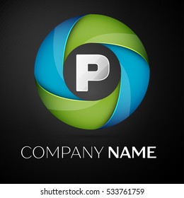 Letter P vector logo symbol in the colorful circle on black background. Vector template for your design
