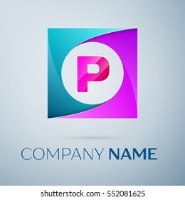 Letter P vector logo symbol in the colorful square on grey background. Vector template for your design