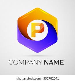 Letter P vector logo symbol in the colorful hexagonal on grey background. Vector template for your design