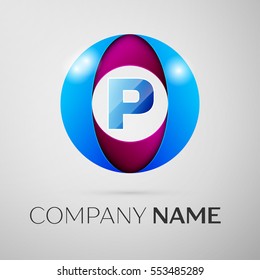 Letter P vector logo symbol in the colorful circle on grey background. Vector template for your design