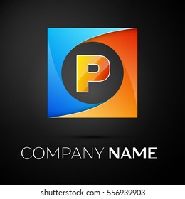Letter P vector logo symbol in the colorful square on black background. Vector template for your design