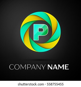 Letter P vector logo symbol in the colorful circle on black background. Vector template for your design