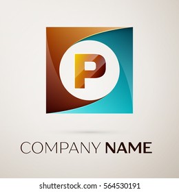 Letter P vector logo symbol in the colorful square on grey background. Vector template for your design