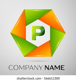 Letter P vector logo symbol in the colorful circle on grey background. Vector template for your design