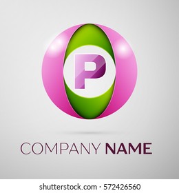 Letter P vector logo symbol in the colorful circle on grey background. Vector template for your design
