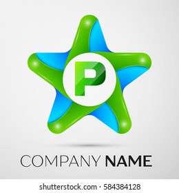 Letter P vector logo symbol in the colorful star on grey background. Vector template for your design