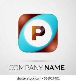 Letter P vector logo symbol in the colorful square on grey background. Vector template for your design