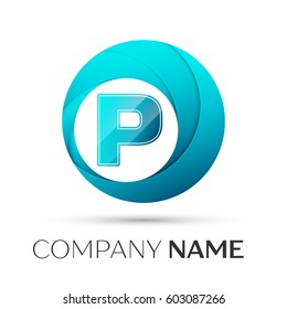 Letter P vector logo symbol in the colorful circle on grey background. Vector template for your design