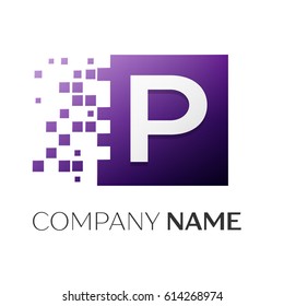 Letter P vector logo symbol in the colorful square with shattered blocks on white background. Vector template for your design