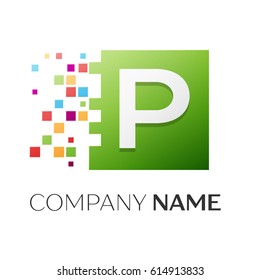 Letter P vector logo symbol in the colorful square with shattered blocks on white background. Vector template for your design