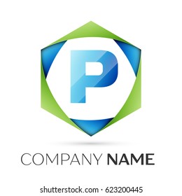 Letter P vector logo symbol in the colorful hexagonal on grey background. Vector template for your design