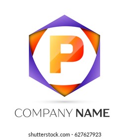 Letter P vector logo symbol in the colorful hexagonal on grey background. Vector template for your design