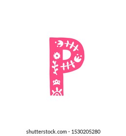 Letter P. Vector. Pink letter with ornament. Applique for clothes. Logo for the company.