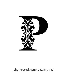letter P. Vintage black flower ornament initial letters.  Alphabet. Logo vector 