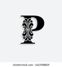 letter P. Vintage black flower ornament initial letters.  Alphabet with shadow. Logo vector 
