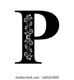 letter P. Vintage black flower ornament initial letters.  Alphabet. Logo vector 