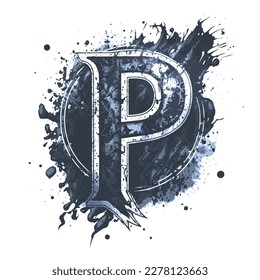 Letter P, Vintage Logo Icon, Paint and Brush Texture,Dirty Splat and Spray Texture,Metallic Drip in Modern Blue Texture