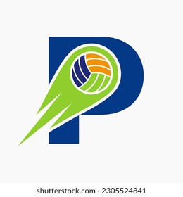 Letter P Volleyball Logo Concept With Moving Volley Ball Icon. Volleyball Sports Logotype Template
