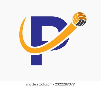 Letter P Volleyball Logo Concept With Moving Volley Ball Icon. Volleyball Sports Logotype Template