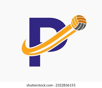 Letter P Volleyball Logo Concept With Moving Volley Ball Icon. Volleyball Sports Logotype Template