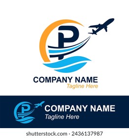 Letra P con logotipo de Onda y Avión Volador para Agencia de Viajes. Logotipo de diseño vectorial para etiqueta de transporte de viajes, turismo, publicidad de la compañía de vuelos