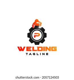 Letter P welding logo, welder silhouette working with weld helmet in simple and modern design style