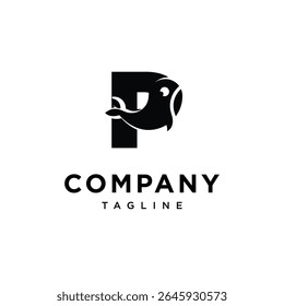 Letter P Whale Cute Logo Icon Vector