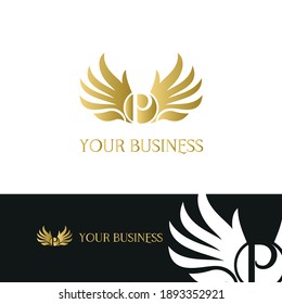 letter P and wings in luxury and elegant golden style logo design 
