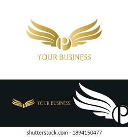 letter P and wings in luxury and elegant golden style logo design