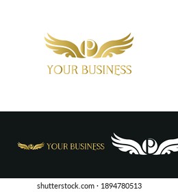 letter P and wings in luxury and elegant golden style logo design