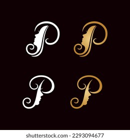 Buchstabe P und Vektorgrafik der Frau für ein Symbol, ein Symbol oder ein Logo. P Anfangslogo