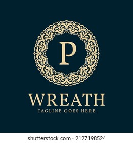 letter P wreath circle frame luxurious vector logo design