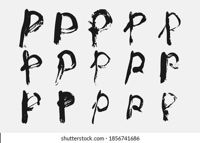 Letter P written by hand. Black letter P written in grunge calligraphy. Different versions of the font are hand-drawn in a careless style. Vector eps illustration.